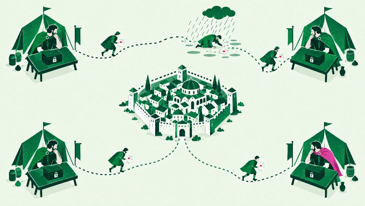 Illustration: four generals in tents around a walled city, each guarding a locked box; messengers carry sealed letters, one is lost in the rain, and one general in a magenta cape is a traitor.
