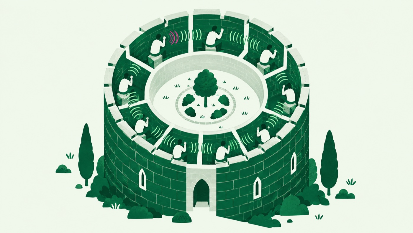 Illustration: prisoners in a ring of cells inside a round tower knock on the shared walls; the sound passes from cell to cell.